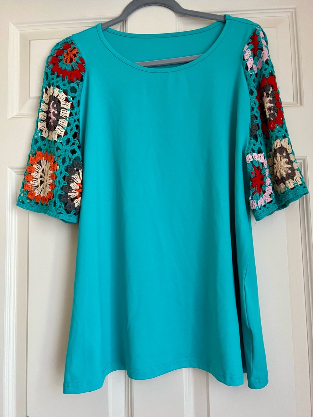 Angela James Turquoise Crocheted Granny-Square Sleeve Women's Top XL